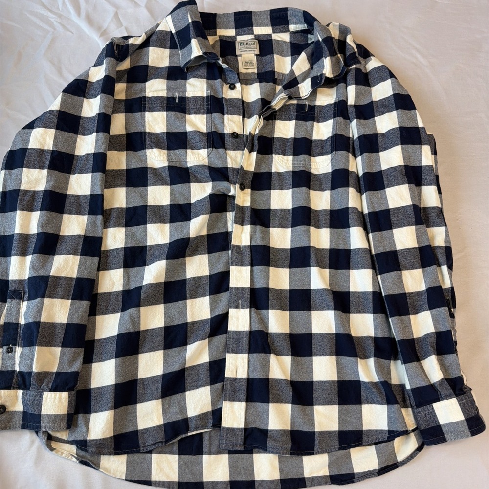 LL Bean Flannel Shirt Blue & White Lumberjack Plaid Organic Cotton Adult 3XL-Reg